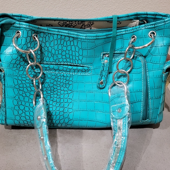 NWOT Cowgirl Trendy Turquoise and Brown Women's Bag w/rhinestones - Picture 3 of 7